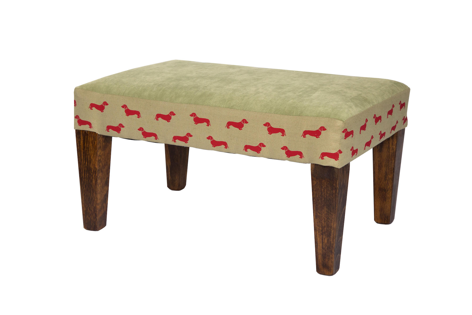 Green with red sausage dog print footstool