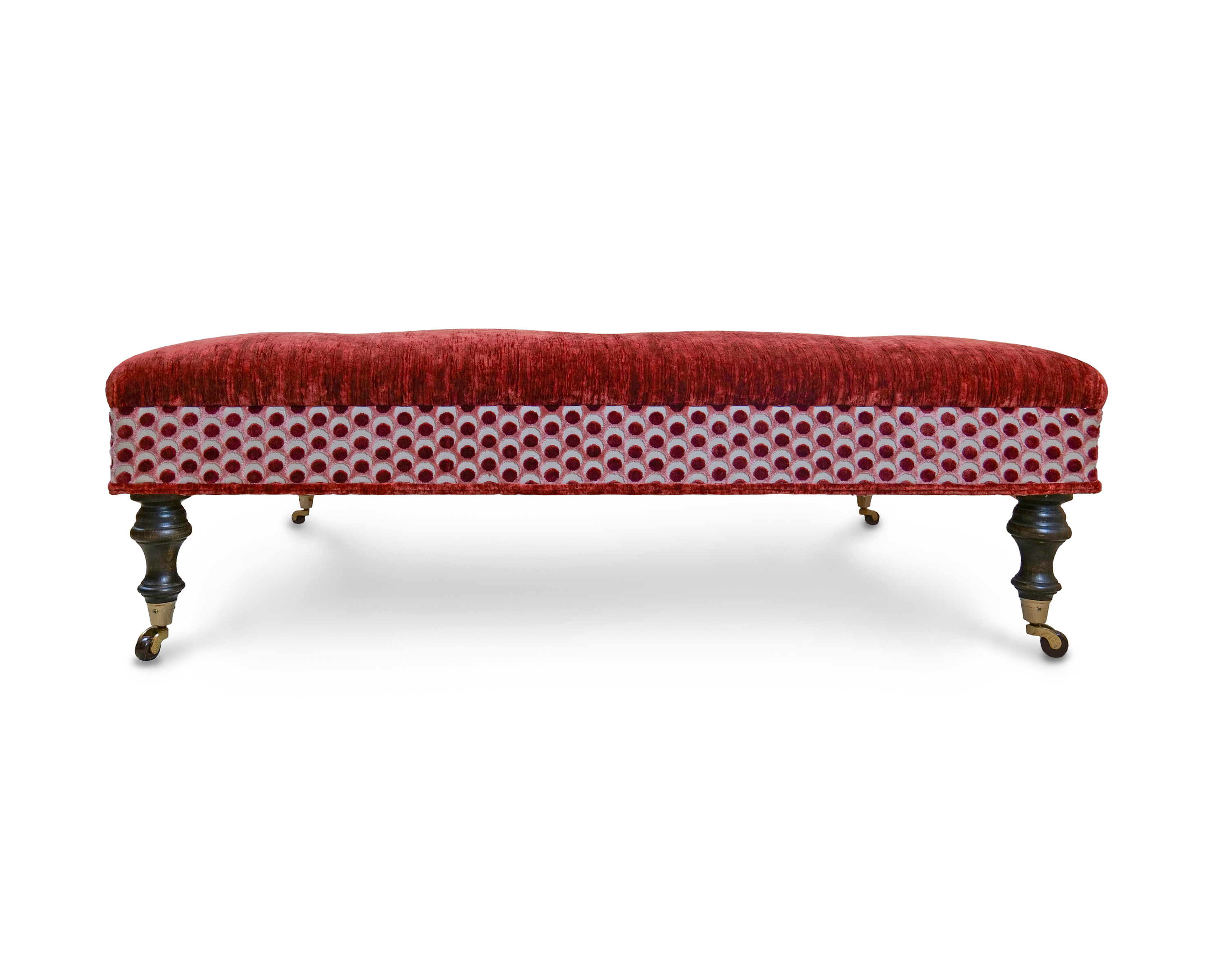 Float Buttoned Velvet and Polka Dot Ottoman with Double Piping Velvet Trim