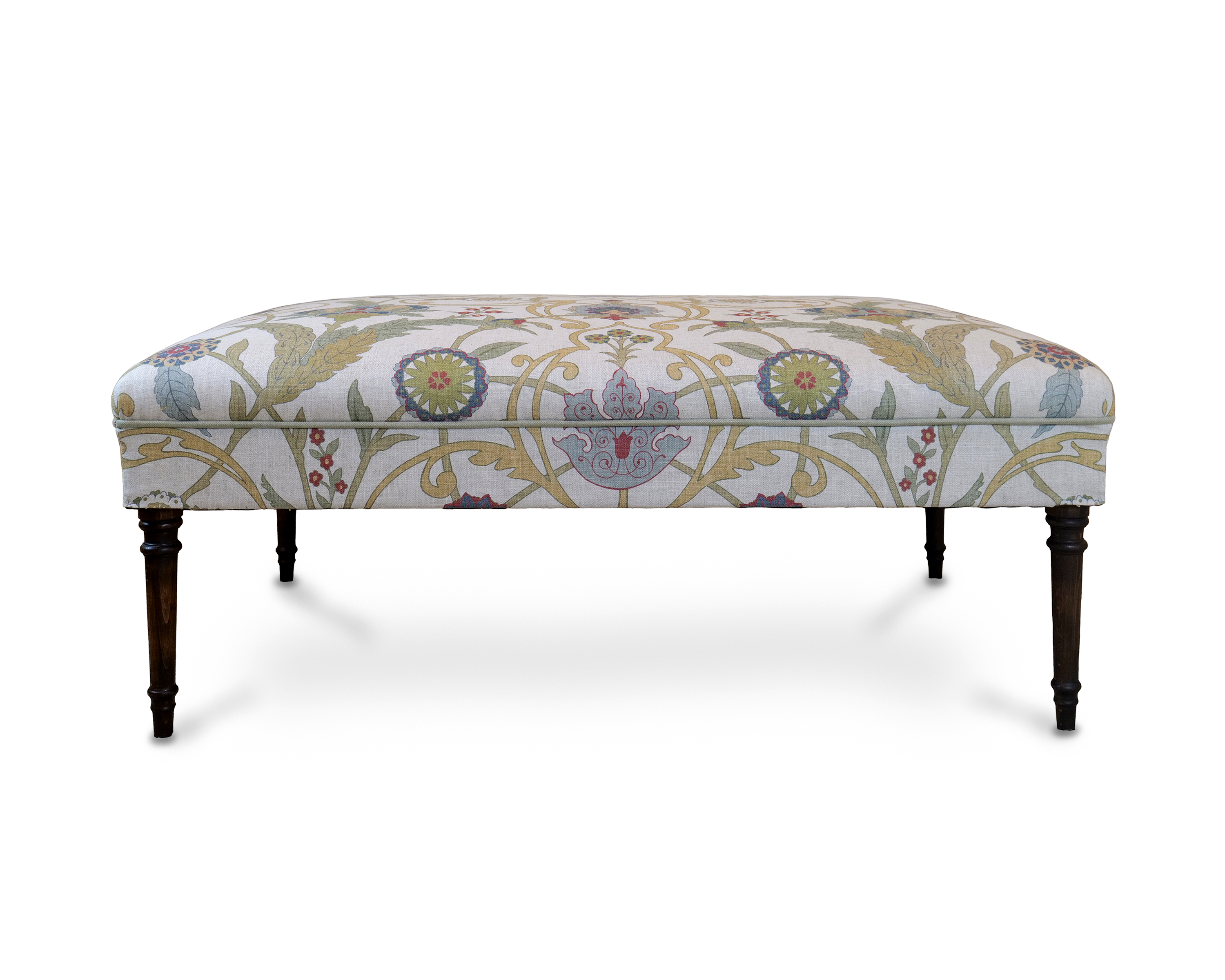 Ottoman with Delicate Tapering Ringed legs and Soft Brushed Linen Trim