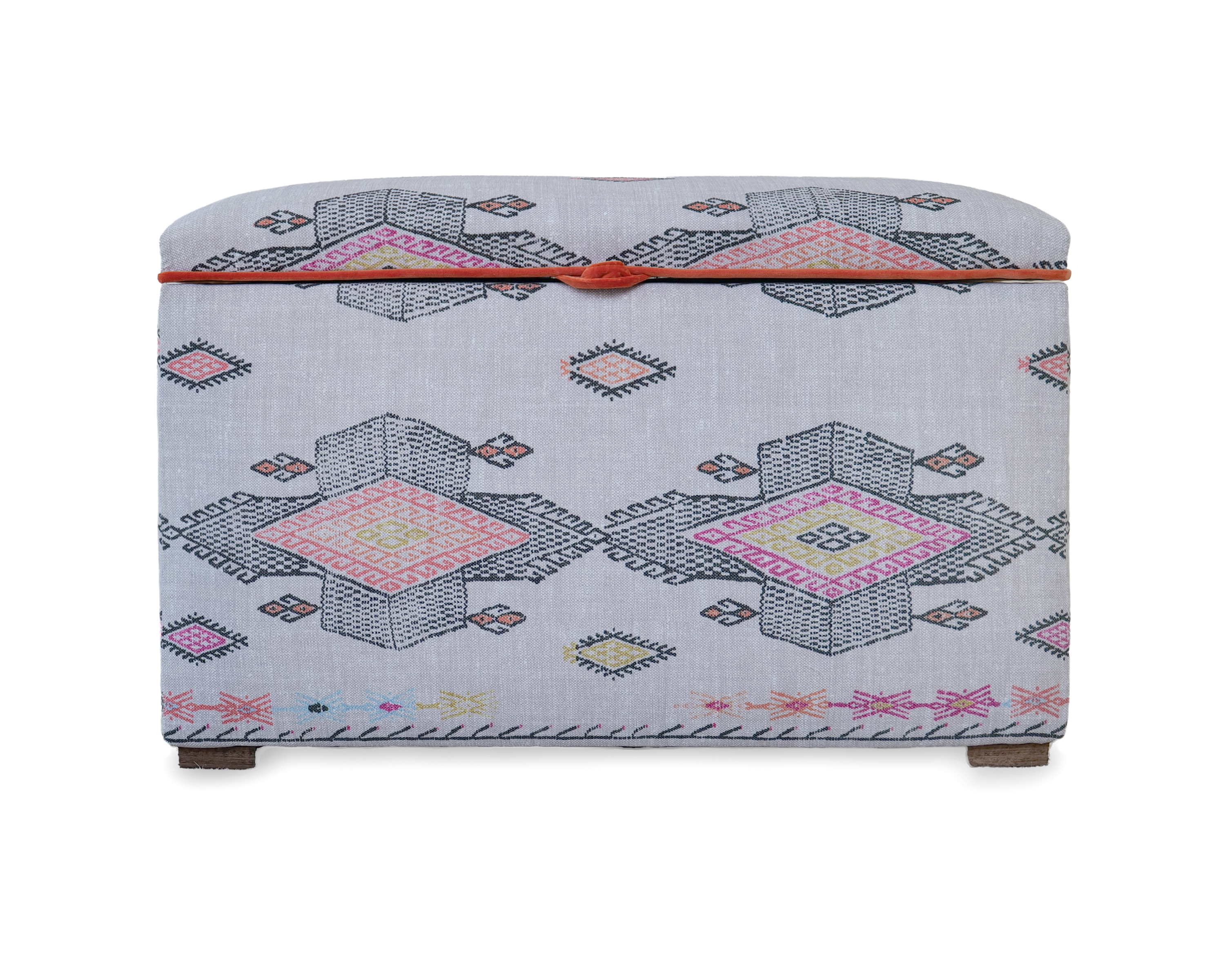Square Blanket Box, Internal Ticking Stripe Lining, Contrast Orange Piping and Pull, Block Feet