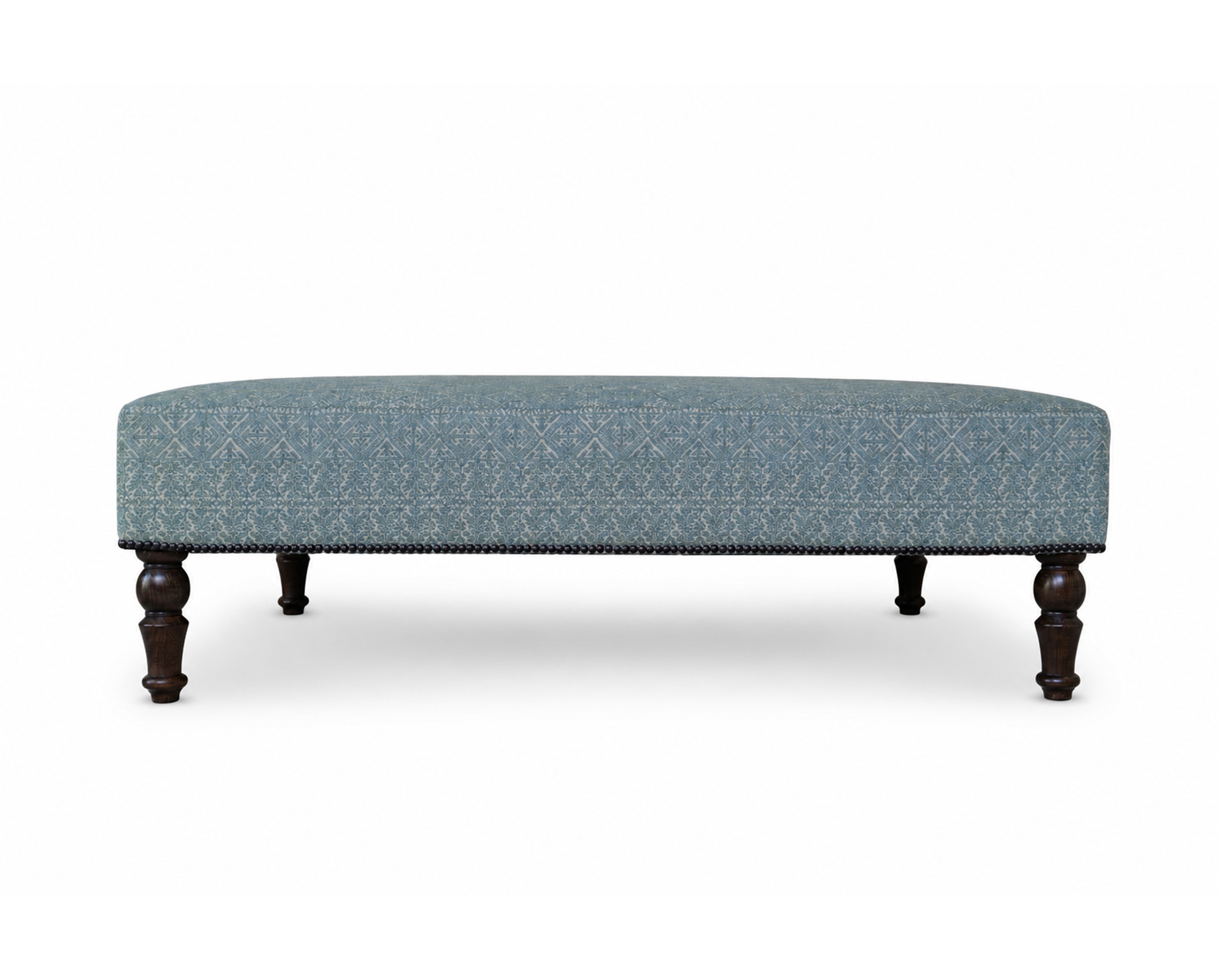 Bordered Straight Top Table Stool, Teak Finished Turned Legs, Antiqued Close Nailed Studs