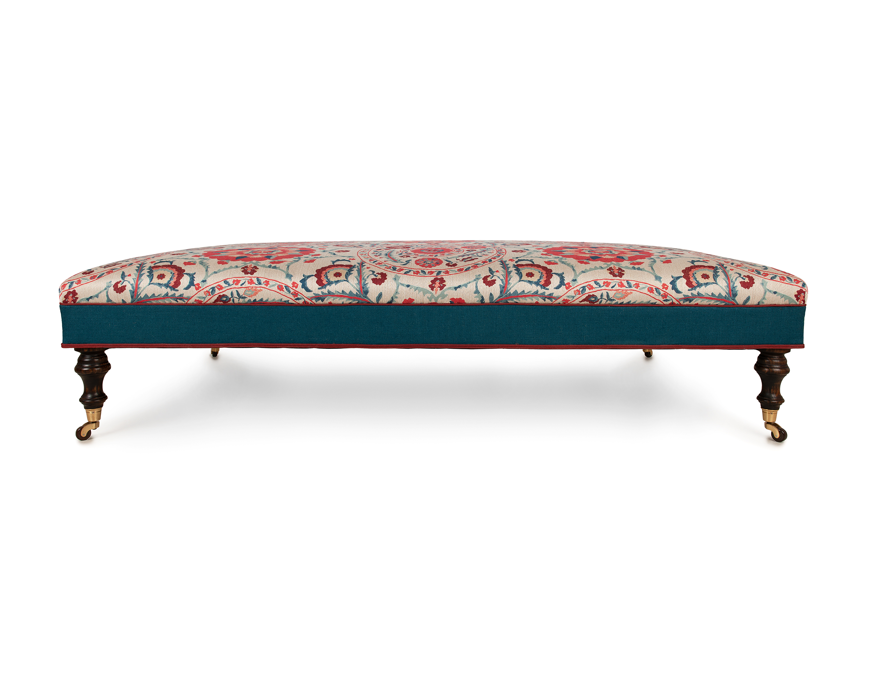 Elegant Roll-Top Ottoman, Co-ordinating Border with Single & Double Piping, Castors with Brown China Wheel