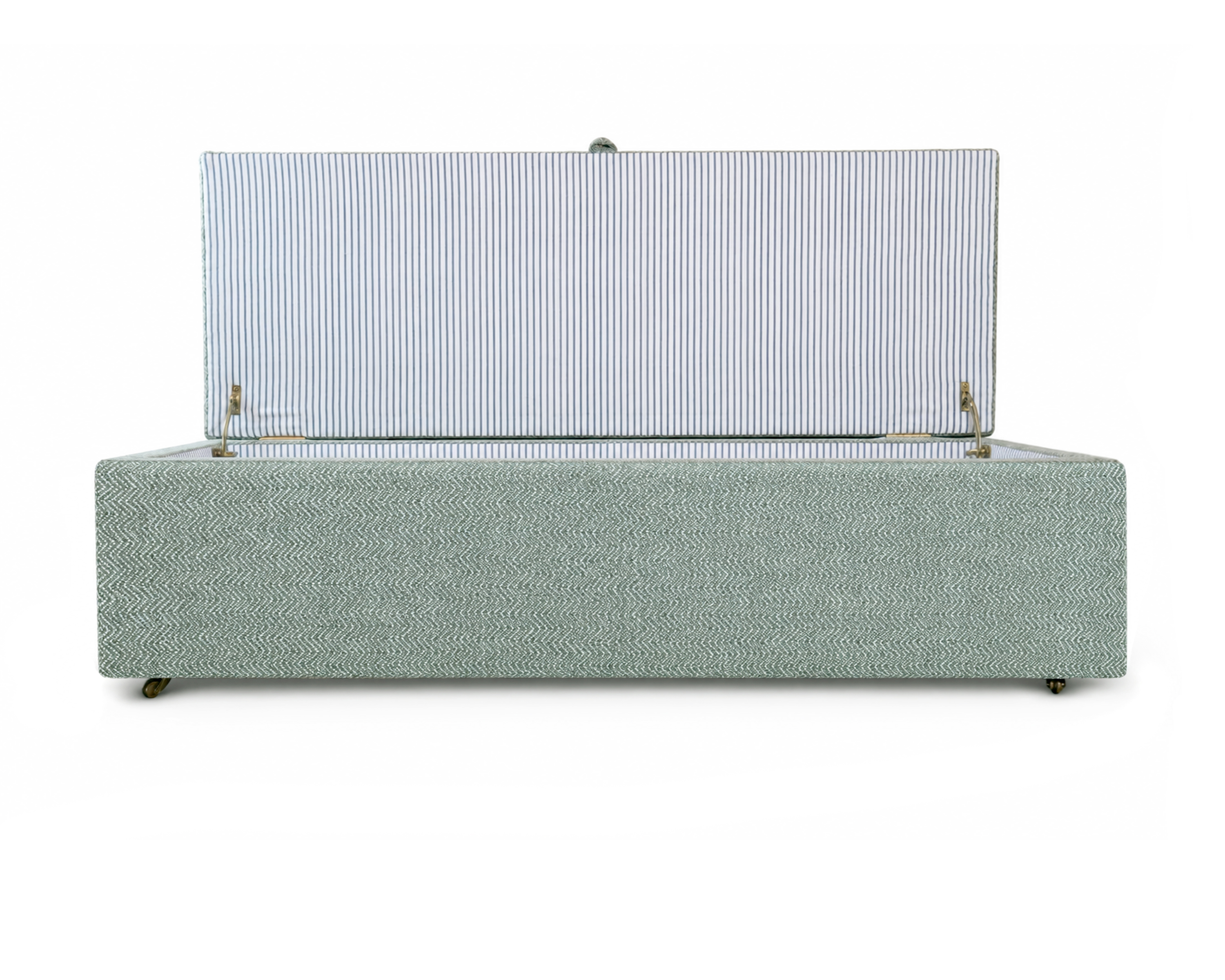 Lightly Padded Storage Bench Box with Internal Ticking Stripe Lining and Rubber Wheel Castors