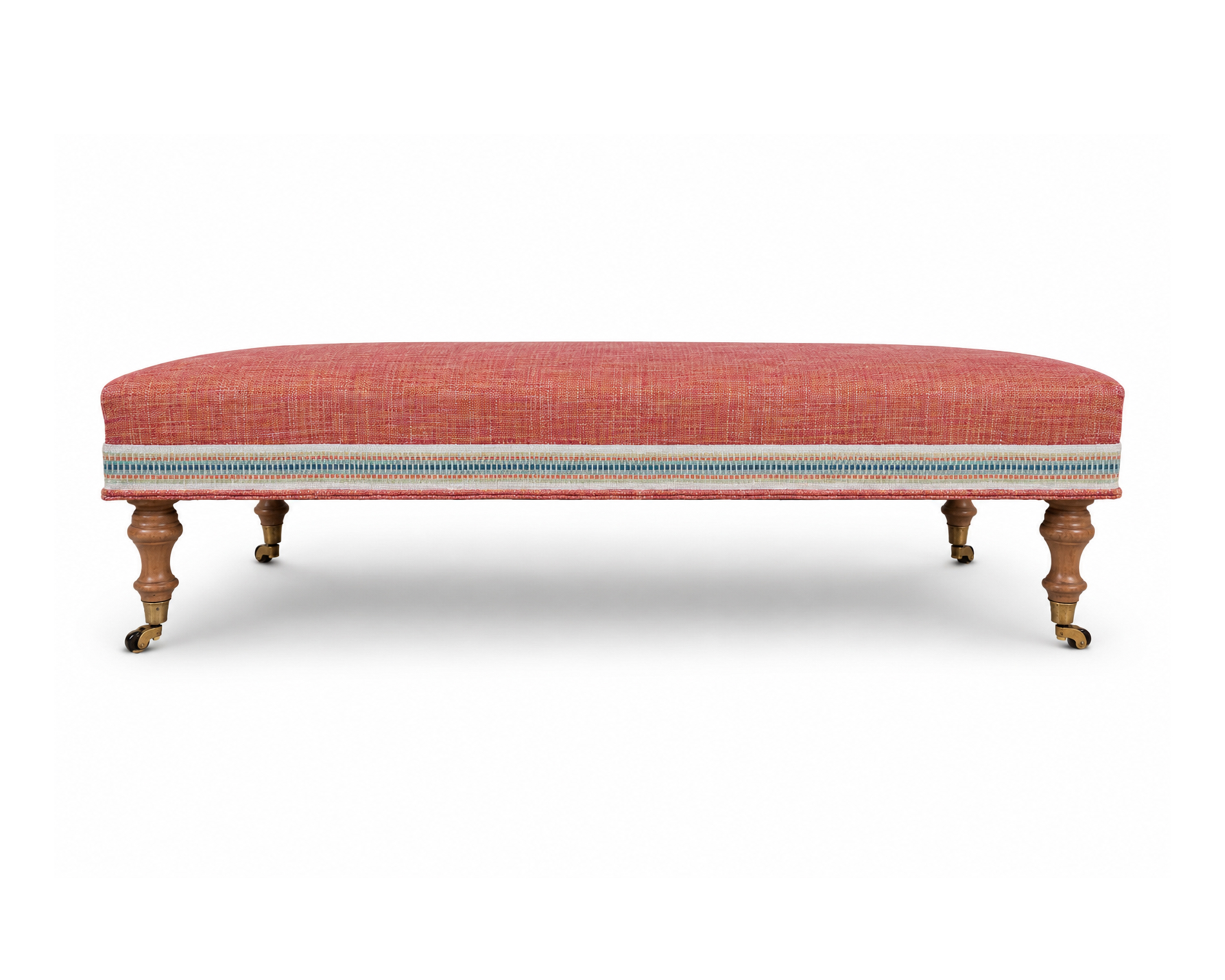Bench Ottoman with Braid Border, Turned Legs in Light Oak and Traditional Brown China Wheel Castors