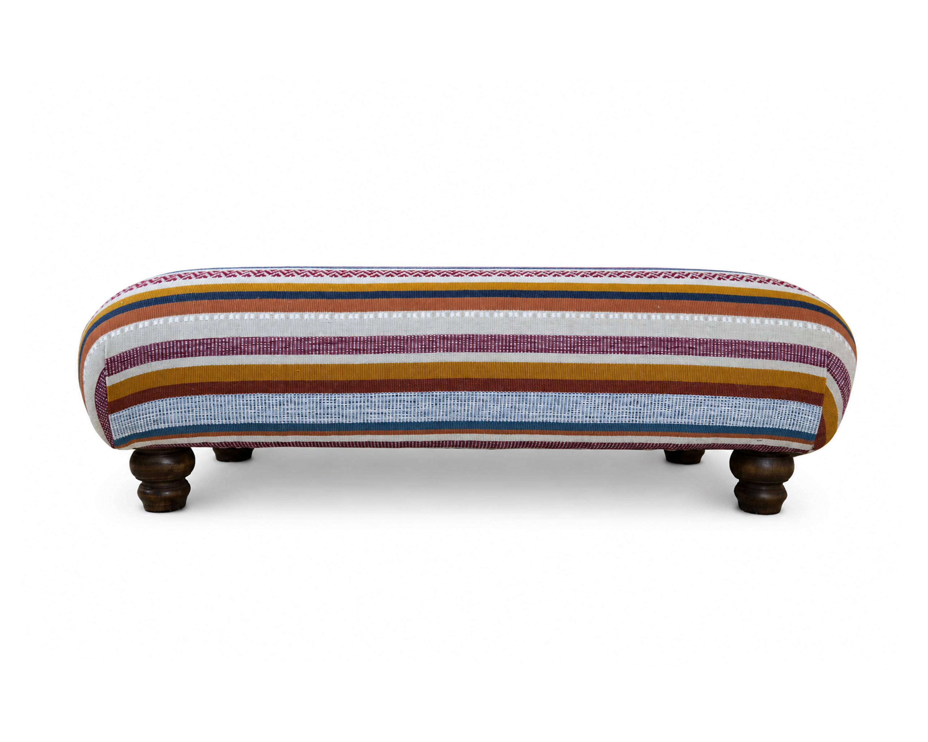 Low, Over-Stuffed Footstool, Cushion-Like Silhouette with Short Bobble Legs
