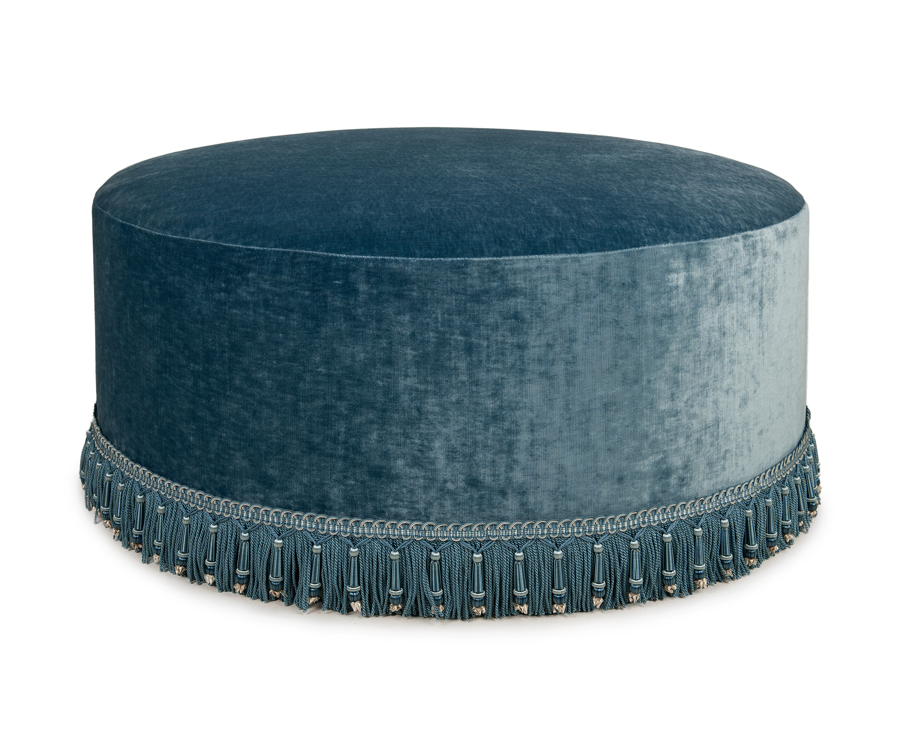Round Ottoman featuring Plinth Base Covered with Ornate Bullion Fringe