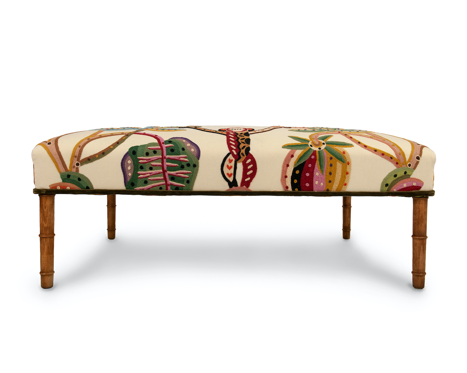 Crewel Wool Embroidered Footstool with Velvet Double Piping and Bamboo Style Legs