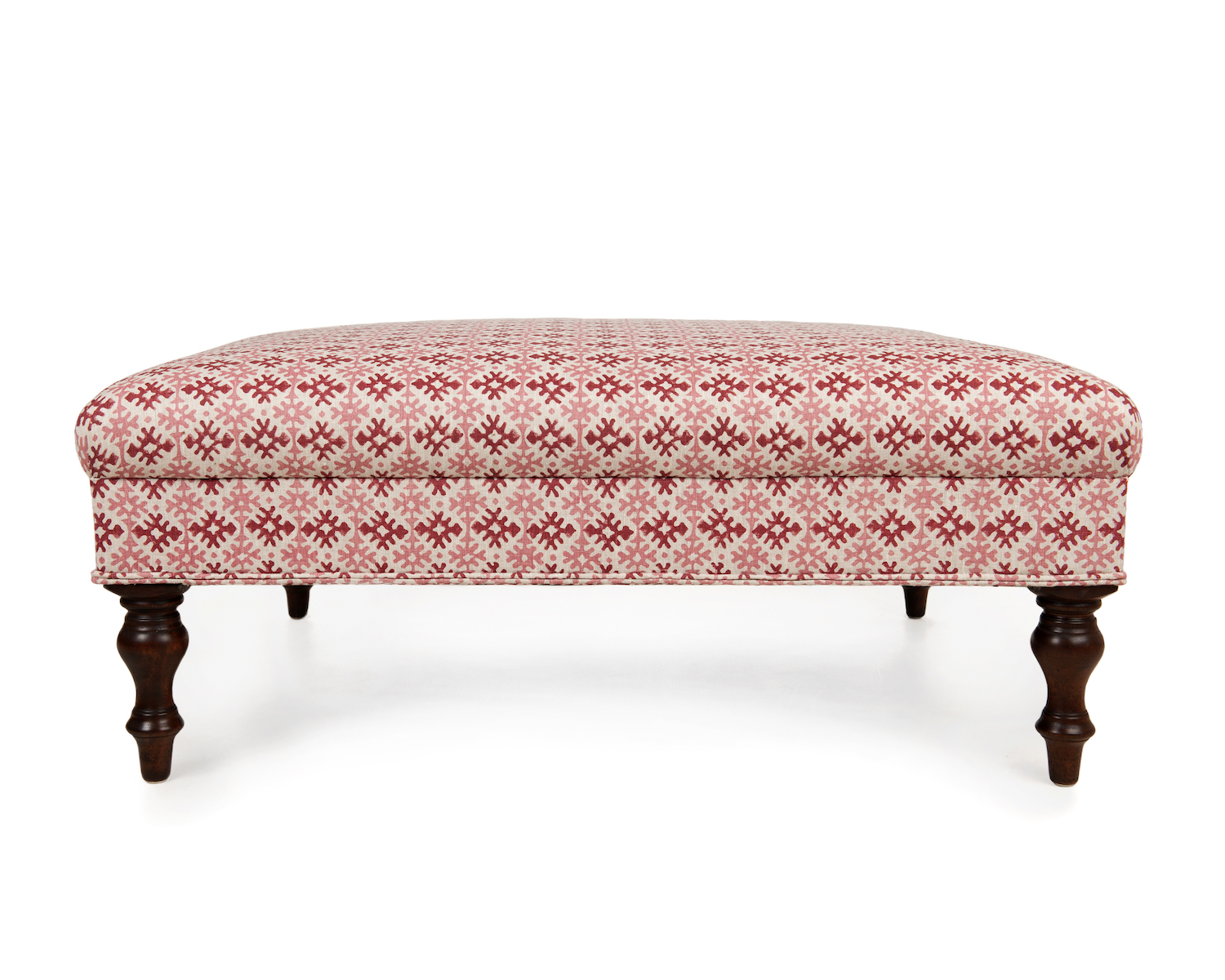 Roll Top Footstool with Self-Double Piping and Turned Legs In Abstract Motif Fabric