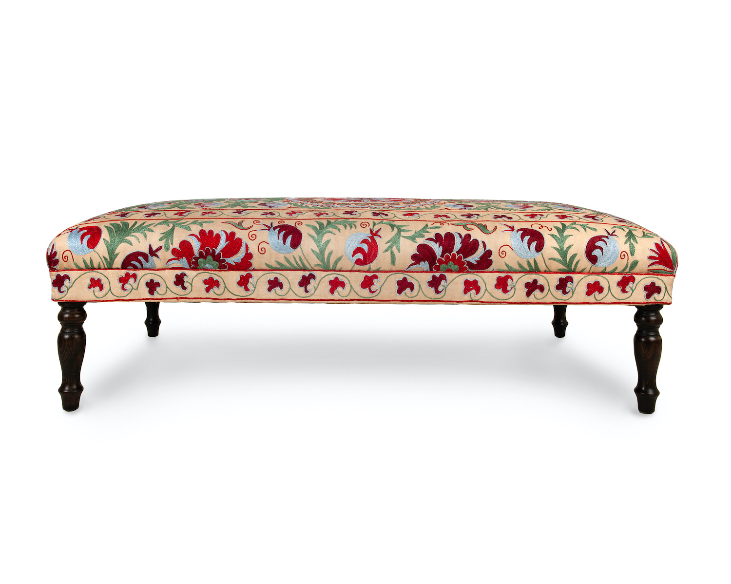 Footstool Created around Suzani Design with Running Border and Turned Legs