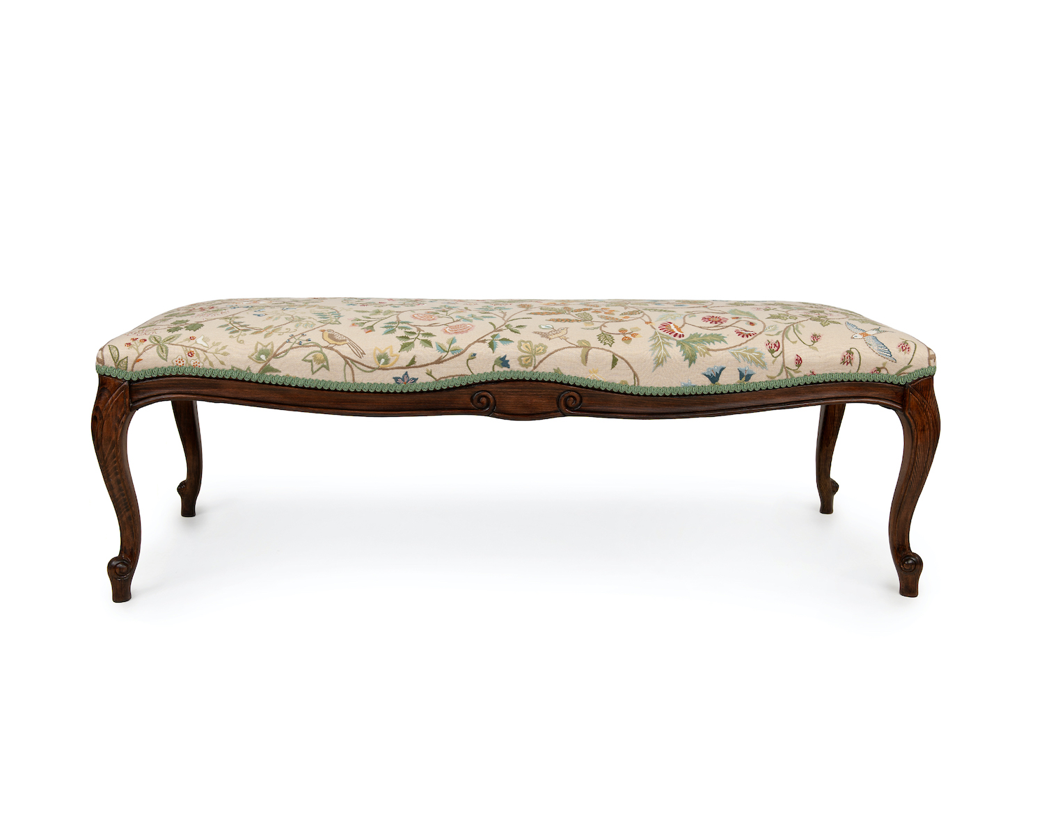 Italian Hand Carved Bench in Embroidered Fabric with Gimp Braid