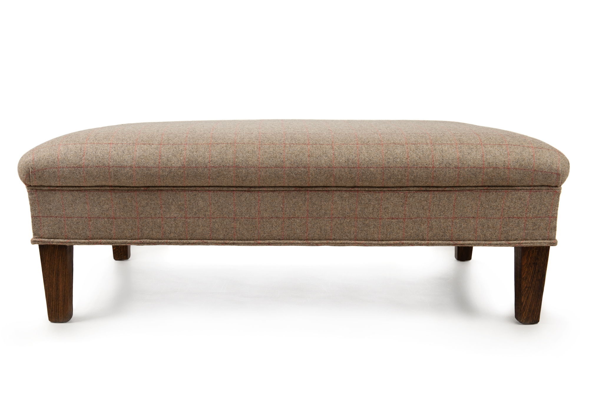 Roll Top Footstool in Herringbone Tweed with Double Piping and Tapering legs