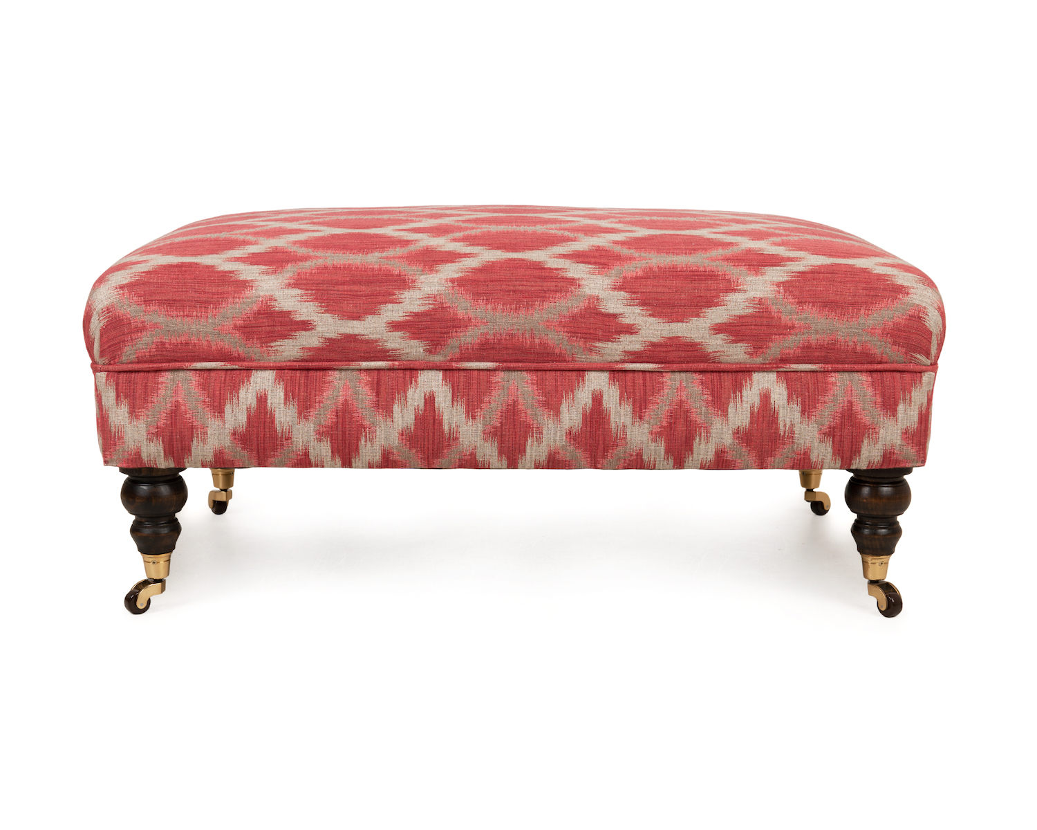 Ikat Footstool with Deep Piped Border Detail, Turned Legs and Brown China Castors