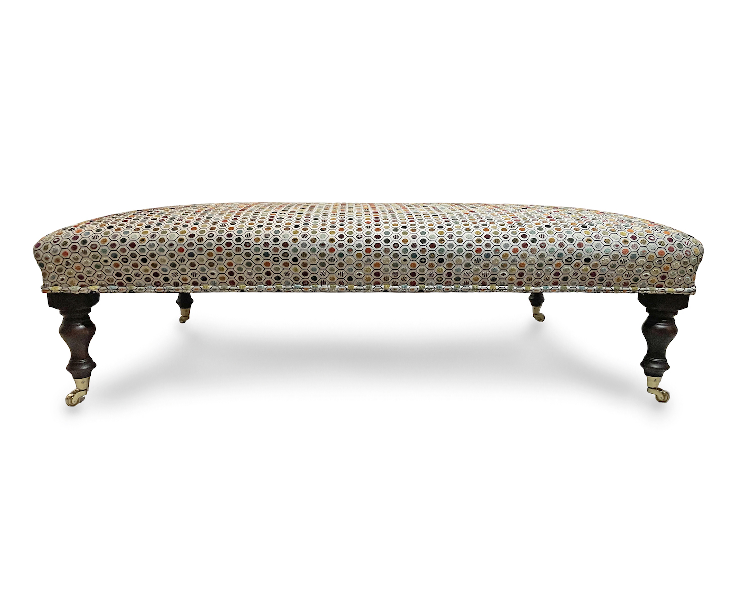 Slender Border Footstool with Self Piping, Turned Legs and Solid Brass Castors