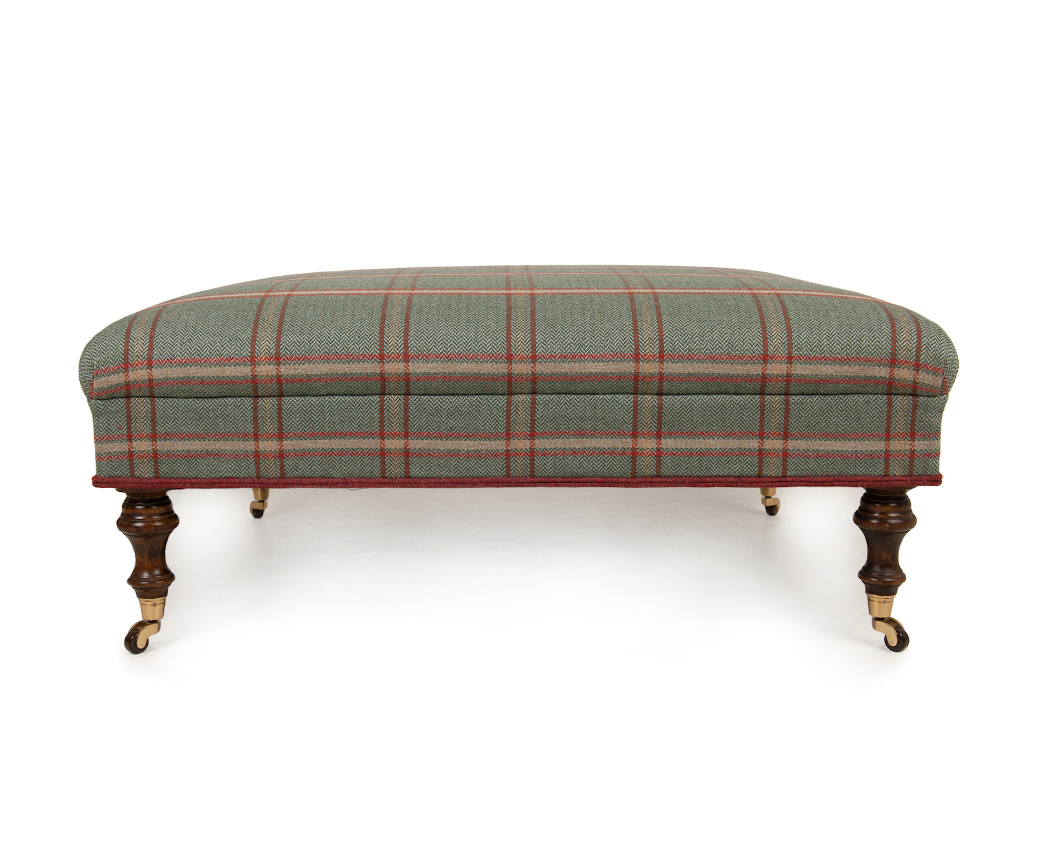 Classic Plaid Roll Top Footstool with Double Piping Trim