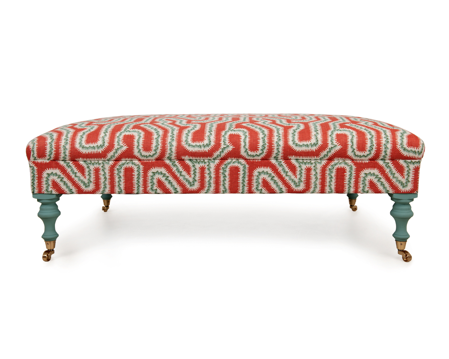 Block-printed  Abstract Footstool with Contrasting Painted Legs & Solid Brass Castors