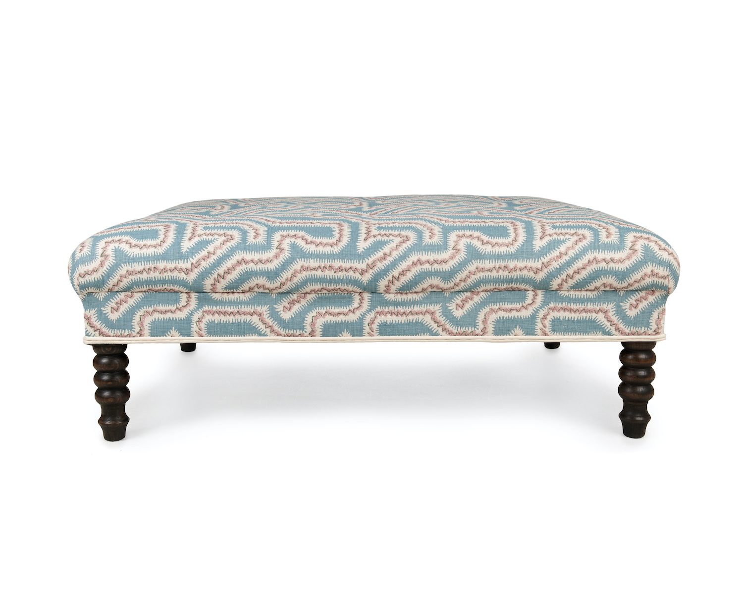 Large Roll-top, Float Buttoned Footstool, with Bobbin Legs and Double Piping Ivory Linen Trim