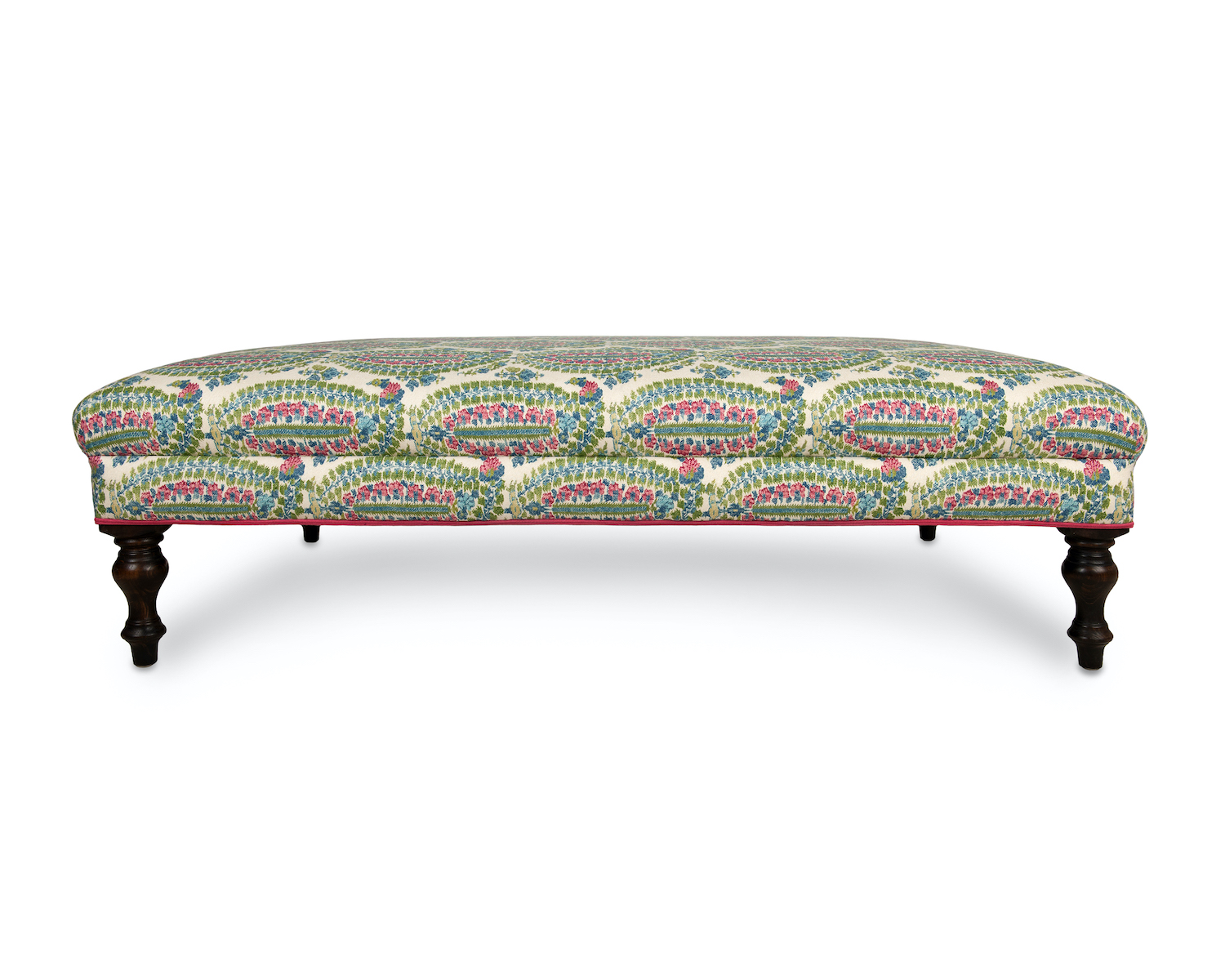 Substanial, Waisted  Footstool with Pink Double-Piping and Turned Legs