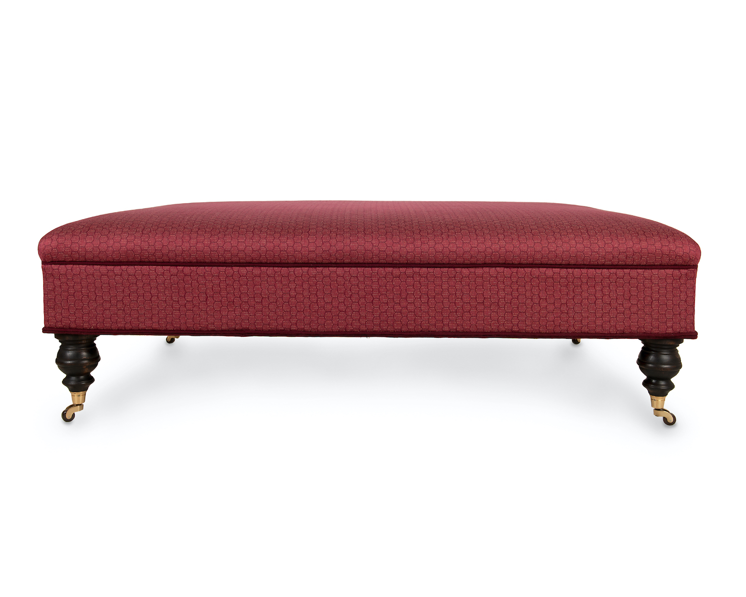 Deep Border, Low Ottoman with Turned Legs, Single and Double Velvet Piping, Solid Brass Castors with Brown China Wheels
