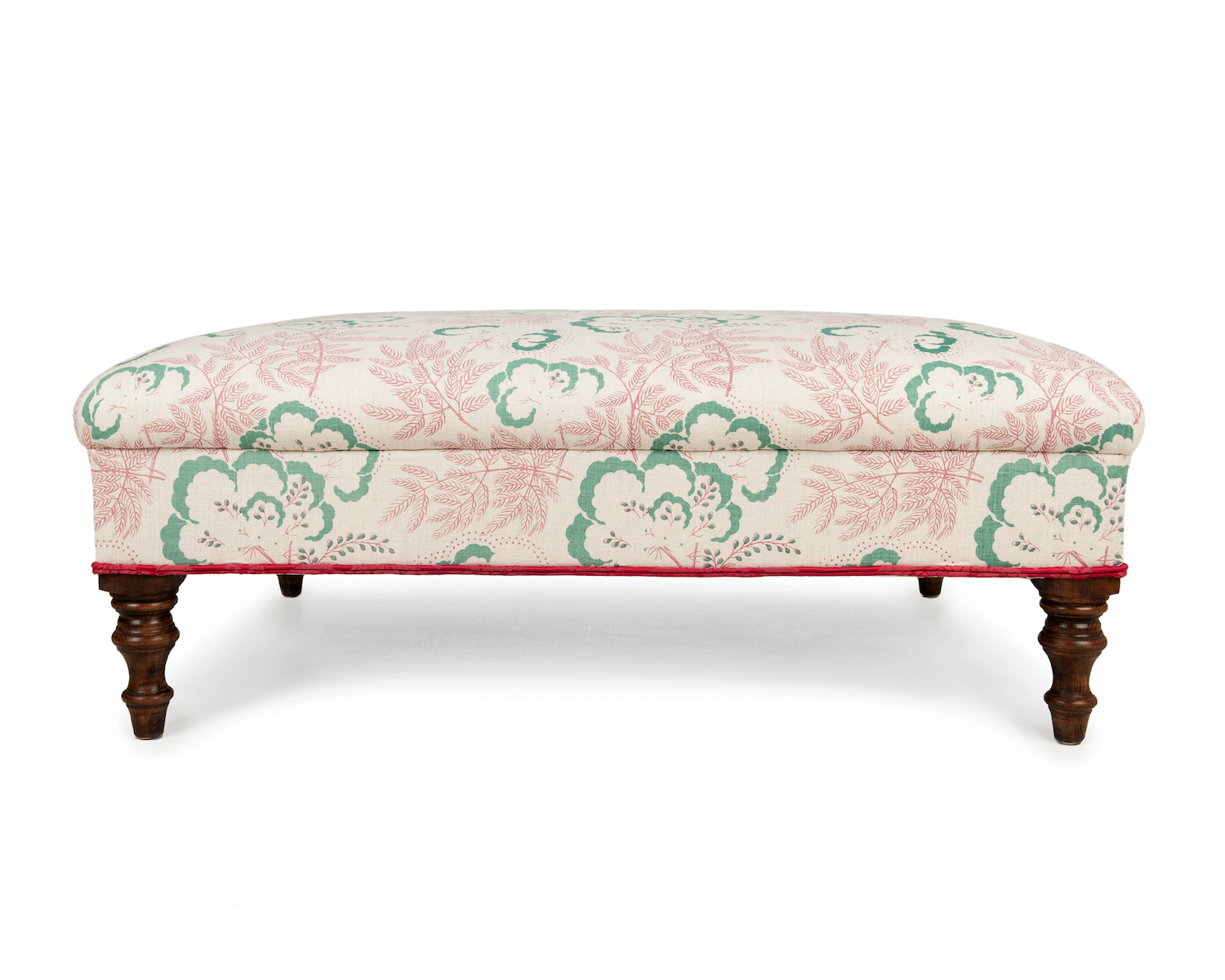 Roll Top Footstool in Hand Printed Linen and Double Piping