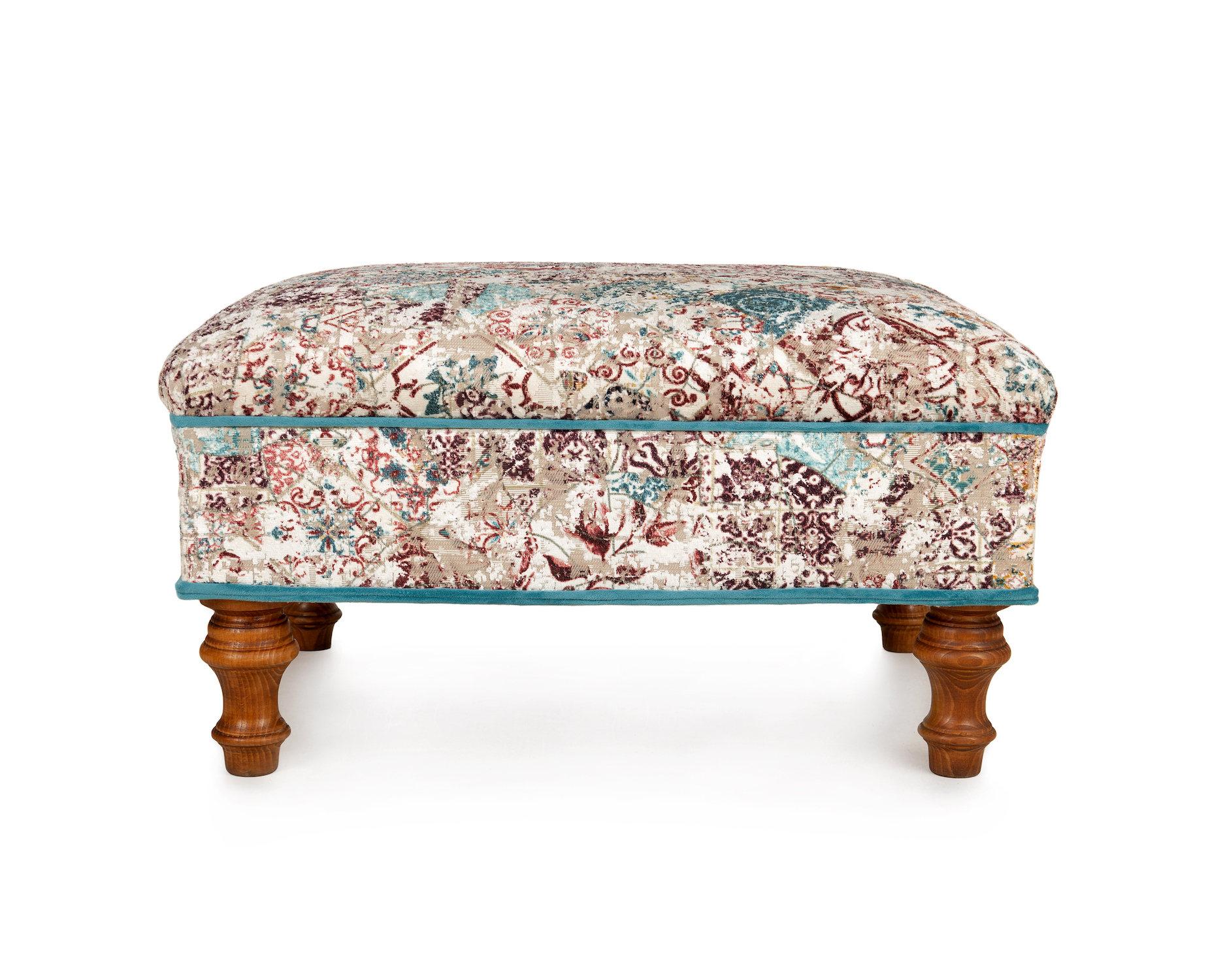 Small Jacquard Velvet Footstool with Piped Trims and Light Oak Legs