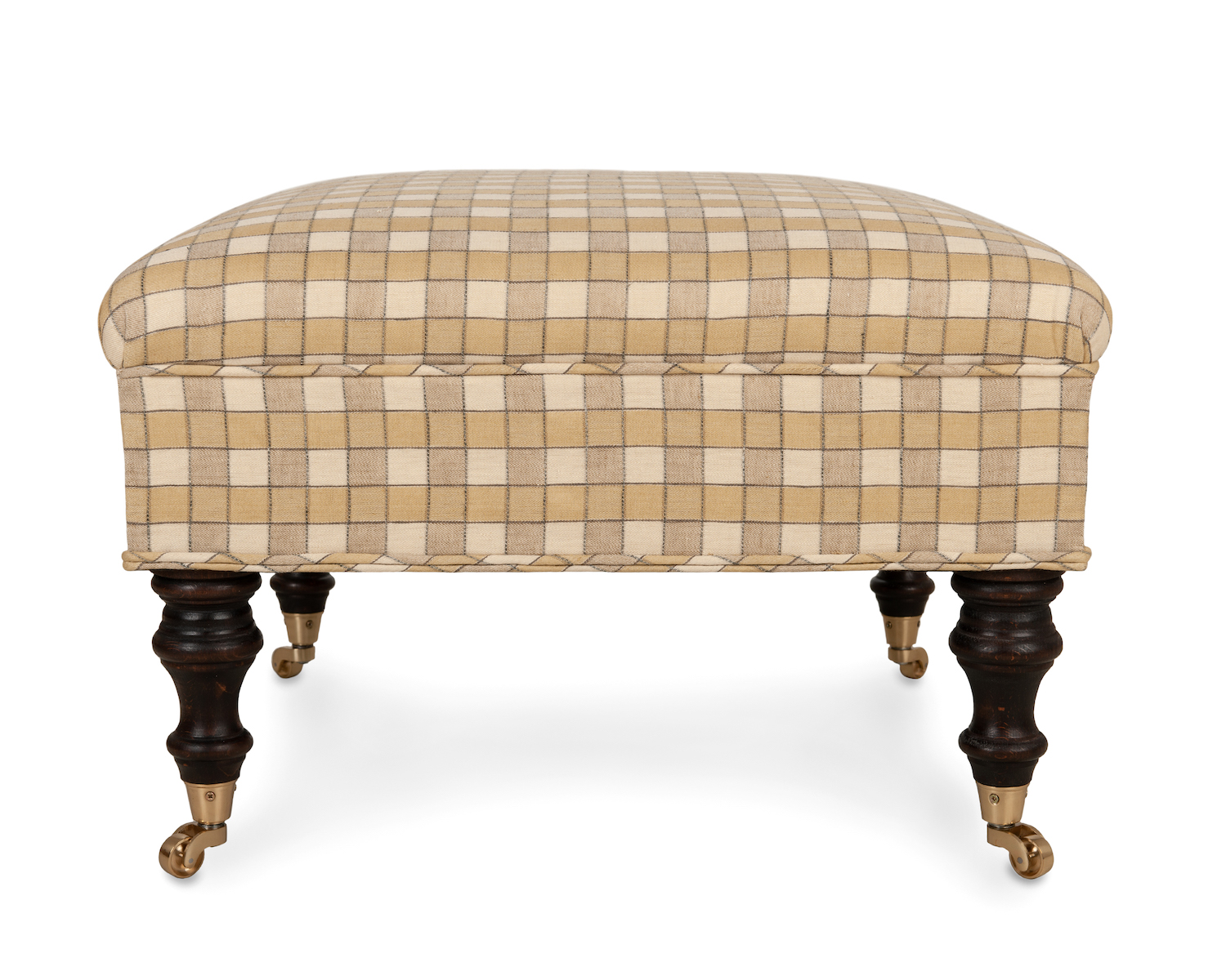 Deep Bordered Chequered Footstool with Single and Double Piping, Turned Legs with Castors