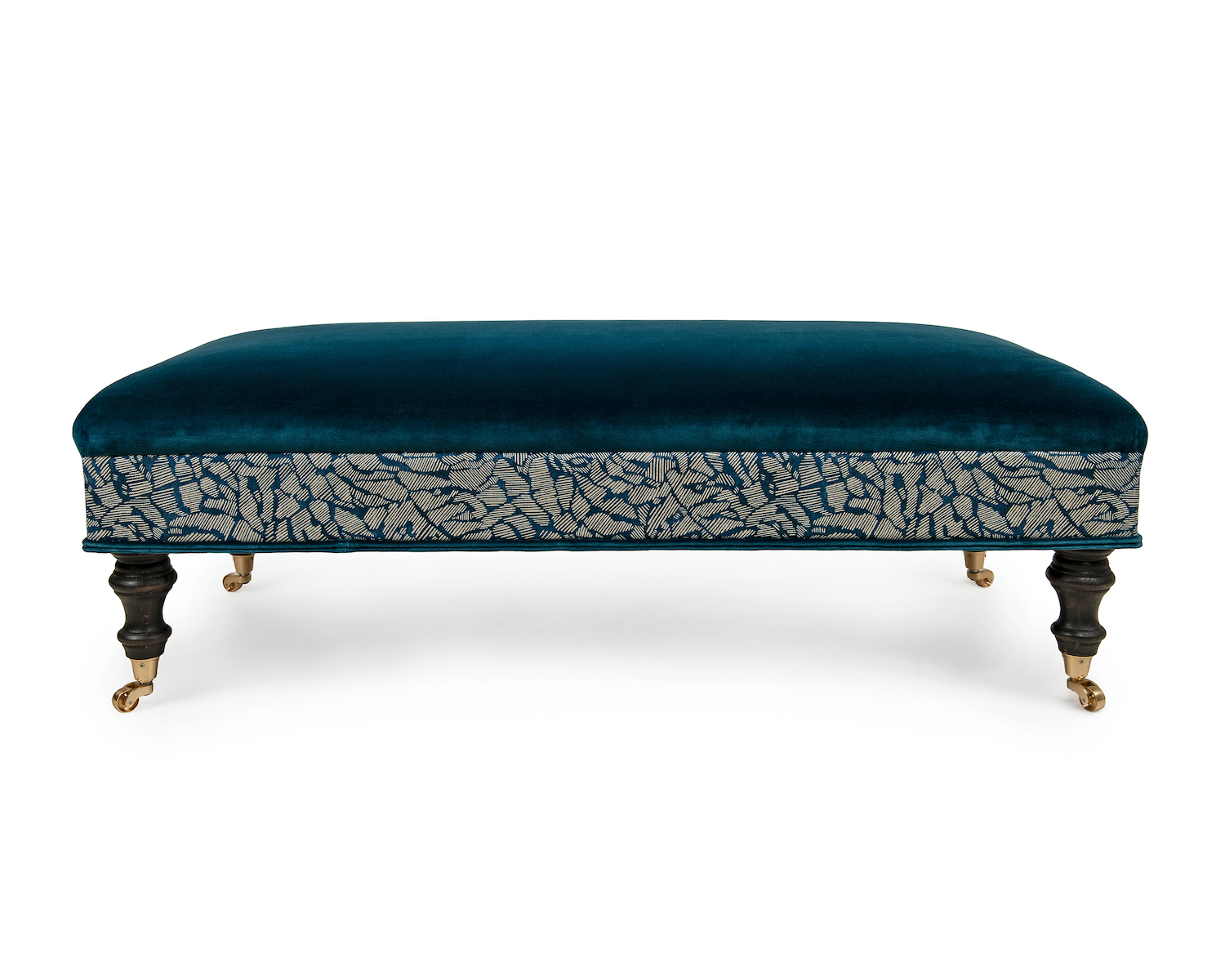 Velvet Footstool with Contrasting Border, Double Piping, and Turned Legs with Castors
