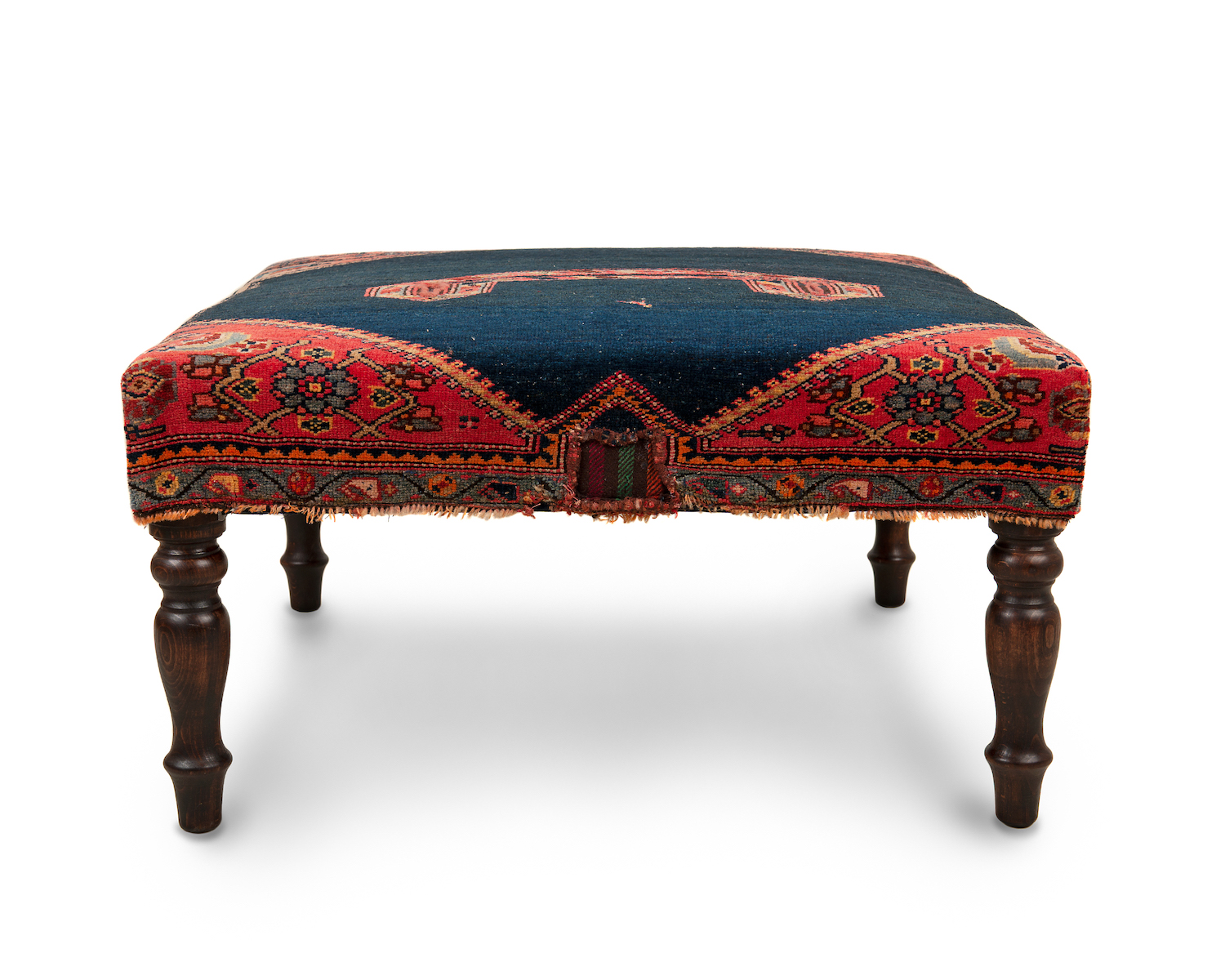 Turned Leg Stool in Antique Moroccan Saddle Textile Retaining Original Decorative Bindings and Fringes